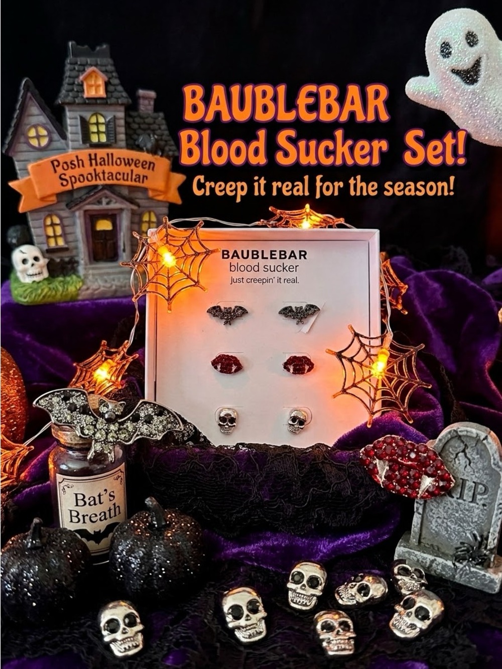 BaubleBar Earrings NEW Halloween 3 piece Set - Bats, Vampire's Fangs, Skulls